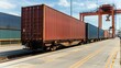 © chayantorn - Shipping container being loaded onto a freight train at a port, intermodal transport, rail logistics