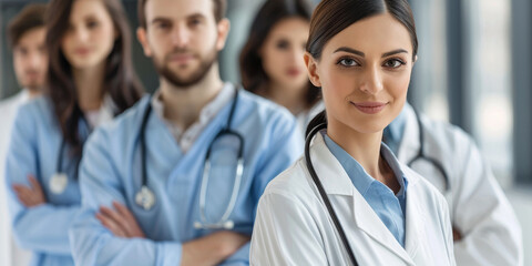 Canvas Print - A group of doctors are standing together, one of them smiling