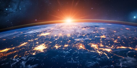Wall Mural - a beautiful view of the earth at night, with the sun rising in the distance