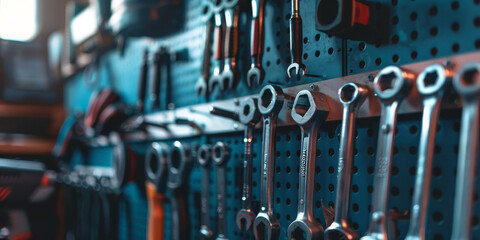 A blue wall with many tools hanging on it