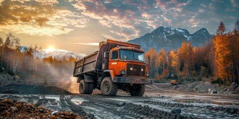 A large orange dump truck is driving through a muddy field