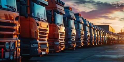 Wall Mural - A row of trucks are parked in a lot, with the sun setting in the background