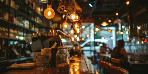 Canvas Print - A bar with a woman sitting at a table with a jar of something on it