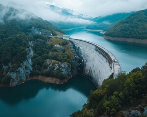 Wall Mural - An aerial view of a large dam with a reservoir in the background, showcasing the scale and engineering marvel of water management