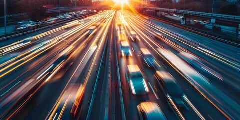 Canvas Print - A busy highway with cars and trucks driving down the road