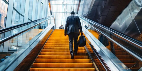 Sticker - A man in a suit is walking up a set of escalators