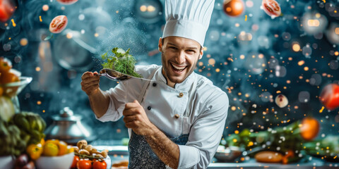 A chef is smiling and holding a spoon with a bunch of greens in it
