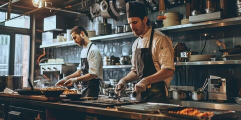 Sticker - Two chefs are working in a kitchen, one of them wearing an apron