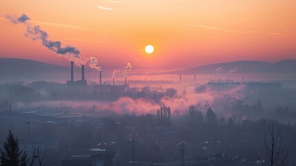 Wall Mural - Sunrise over a factory town with visible air pollution layers from a high vantage point