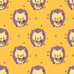 Wall Mural - Seamless pattern with cute cartoon hedgehog with autumn leaves on yellow background. Vector illustration with funny kawaii animal. Kids collection