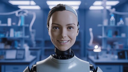 Developing human-like robots powered by AI, smiling and expressing emotions in the laboratory.