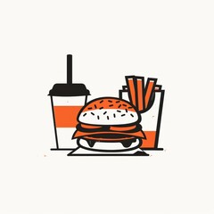 Wall Mural - Burger and Fries with Drink in Cartoon Style