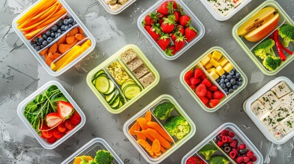 Wall Mural - Vegetarian lunch boxes with a variety of fresh vegetables, rice and sauces. Healthy eating for an active lifestyle. Colorful and delicious lunches with broccoli, carrots, zucchini, tofu and beans