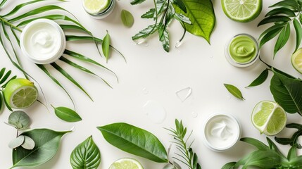 Canvas Print - Natural skincare and body care with plant leaves on white background Eco friendly concept with copy space