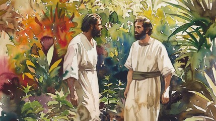 Wall Mural - Apostle James Walking with Jesus in Lush Garden, Vibrant Life Symbols, Biblical Scene, Beige Background, Copyspace