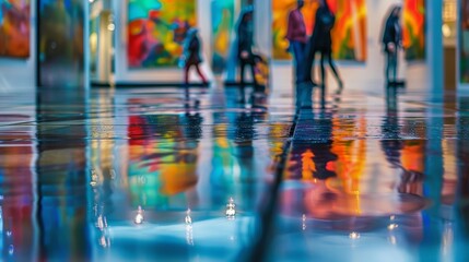 blurry reflections of the art pieces can be seen on the polished floors adding an extra dimension to