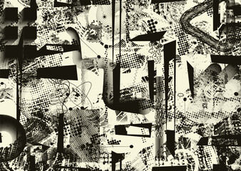 Aufkleber - Glitch distorted grungy abstract forms . Cyber punk seamless pattern texture. Halftone dots .Futuristic background . Glitched shapes with dots and lines .Screen print endless pattern texture