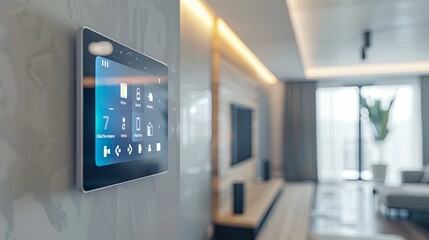 Aufkleber - In a contemporary home, a stylish touch-based control panel on the wall offers home automation choices for lighting, security, and climate control. Generative AI