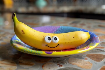 A banana with a funny face, lying on a colorful circular plate. The banana has exaggerated features, including large eyes and a goofy smile, in a kitchen setting. Joyful and entertaining.