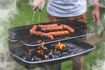 Poster - Man cooking sausages on grill