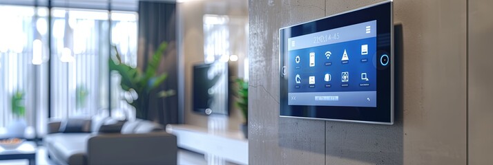 Aufkleber - A sleek touchscreen control panel mounted on a contemporary wall in a smart home displays various home automation options, including lighting, security, and climate control. Generative AI