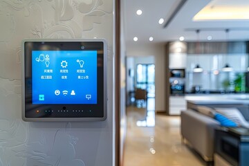Aufkleber - A modern home automation control panel with a sleek touchscreen interface is mounted on a wall in a smart home interior. Generative AI