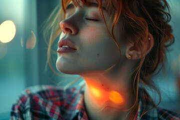 Flu or cold virus, glowing illustrative sore throat in woman