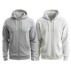 Two plain zippered hoodies, one grey and one white, isolated on a white background. Both are perfect for customization and displaying designs. Generative AI