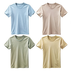 Four pastel-colored t-shirts on a white background: light blue and light brown on top, light green and light yellow on bottom, arranged in two rows. Generative AI