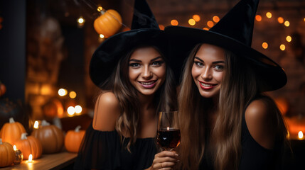 Two young women dressed as witches for Halloween, smiling with a glass of wine, surrounded by glowing jack-o'-lanterns and festive decorations