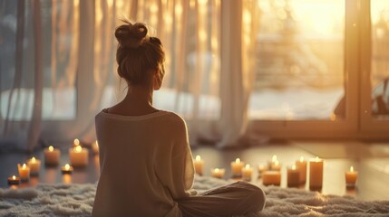 Canvas Print - The woman meditating with candles