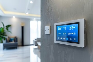 Poster - A modern control panel with touchscreen interface is mounted on a wall in a smart home, displaying options for home automation like lighting and security. Generative AI