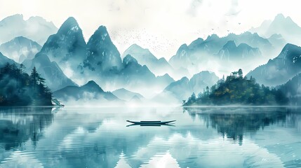 Blue and green boat and foggy mountains illustration poster background