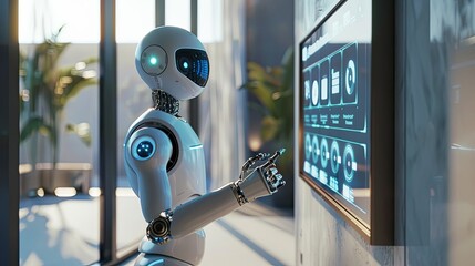 Fototapete - A humanoid robot with a touchscreen interface interacts with a human in a sleek, modern setting. The screen displays AI functions and options. Generative AI