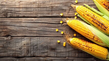 Poster - Delicious grilled corn on wooden table with room for text