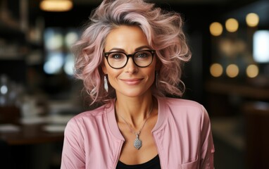 Wall Mural - A woman with pink hair and glasses is smiling for the camera. She is wearing a pink jacket and a necklace