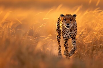 majestic cheetah sprinting through golden savannah grasslands at sunset wildlife photography