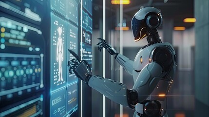 Fototapete - A futuristic humanoid robot with a sleek, white exterior interacts with a touchscreen interface in a modern setting. The screen displays various AI functions and options. Generative AI