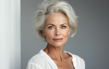 Wall Mural - A woman with short gray hair and a white shirt. She has a smile on her face. Concept of happiness and contentment