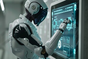 Fototapete - A white humanoid robot uses its arm to control a touchscreen interface, accessing different AI functions. Generative AI