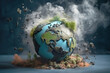 © Anoo - A globe, representing Earth, is crumbling, surrounded by smoke and debris, emphasizing the fragility of our planet