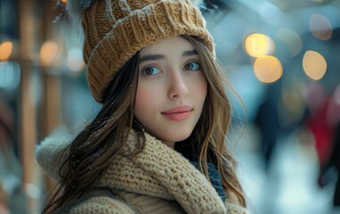 Wall Mural - A woman wearing a brown hat and a scarf is smiling at the camera. The image has a warm and inviting mood, as the woman is enjoying the winter season