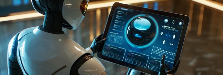 Fototapete - A humanoid robot interacts with a touchscreen interface in a modern setting, displaying various AI functions. Generative AI