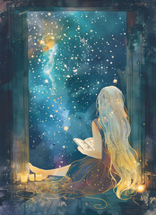Wall Mural - blond hair girl with a book in hand staring out the window. starry night sky. watercolor and ink des