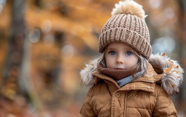 Wall Mural - A young child wearing a brown coat and a hat with a pom pom on top of it