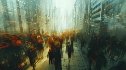 Canvas Print - Digitally-Connected Denizens Adrift in Urban Chaos:Cubist Cityscape of Blurred Commuters Lost in Social Media