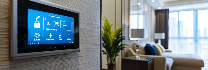 Fototapete - A touchscreen control panel with home automation features mounted on a contemporary wall. Generative AI