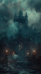 Canvas Print - Ominous Gothic Manor Looming in the Darkness with Chiaroscuro Lighting and Atmospheric Ambiance