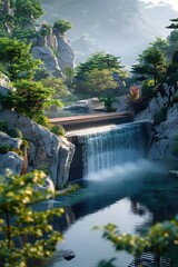 Poster - Tranquil Hydroelectric Dam Nestled in Lush River Valley Generating Clean Energy