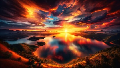 Wall Mural - serene lake at sunset with the sun casting a warm, golden glow across the sky. The vibrant hues of orange, red, and yellow